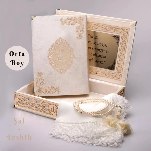Şal + Tesbih + Kuran Hediye Seti (Orta Boy, ŞemsLafzatullah, Gold Pleksi, Raşel Kutu, Krem) ürün görseli 1