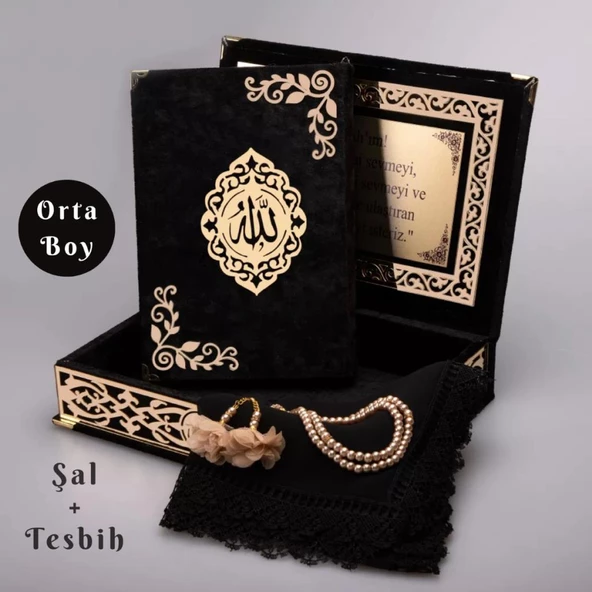 Şal + Tesbih + Kuran Hediye Seti (Orta Boy, ŞemsLafzatullah, Gold Pleksi, Raşel Kutu, Siyah) ürün görseli 1