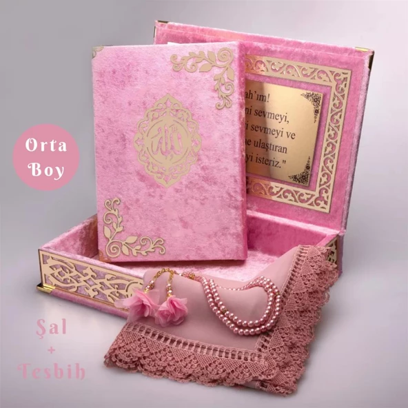Şal + Tesbih + Kuran Hediye Seti (Orta Boy, ŞemsLafzatullah, Gold Pleksi, Raşel Kutu, Bebe Pembe) ürün görseli 1