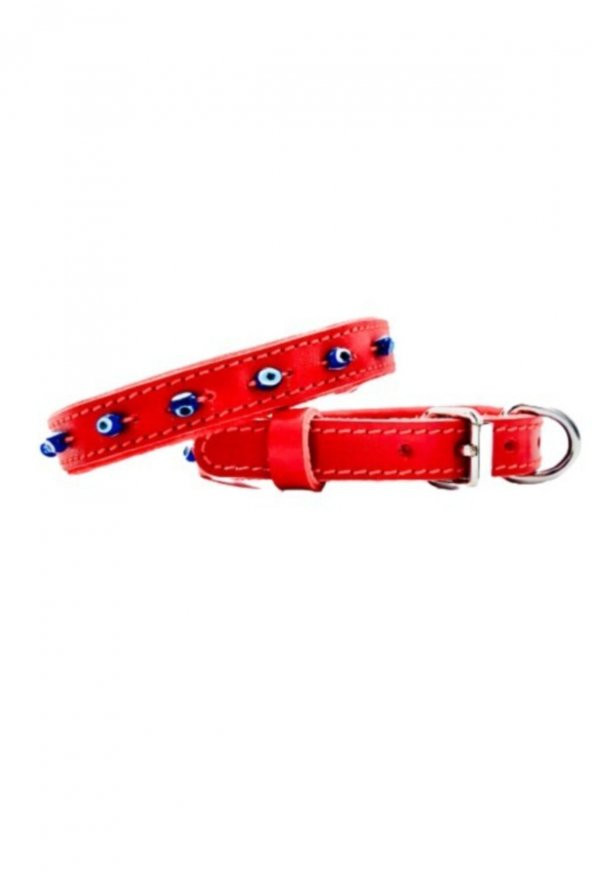 Hakiki Deri Nazar Boncuklu Kedi Ve Köpek Tasması Kırımızı 38cm X 1,5cm ürün görseli 1