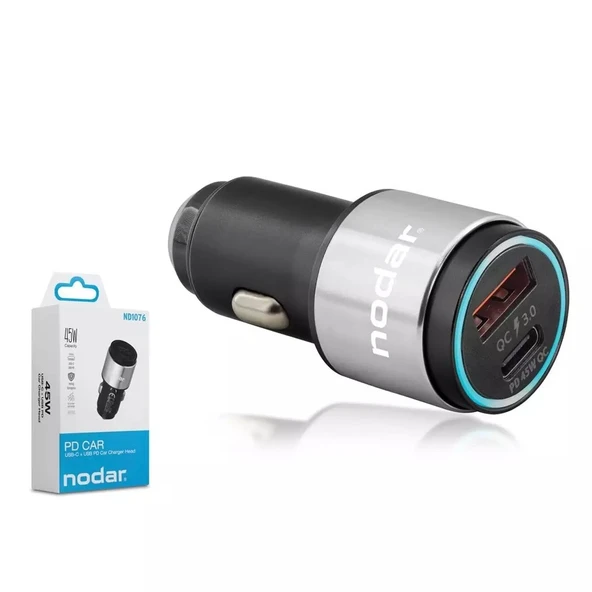 NODAR ND1076 Araç Şarj Adaptörü USB + Type-C PD QC 3.0 45W Metal - Silver Siyah ürün görseli 1