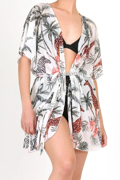 Pareo Plaj Elbisesi Kimono Std Yazlık Oversize Tül Gömlek Kemerli Elbise Tropikal Beyaz ürün görseli 1