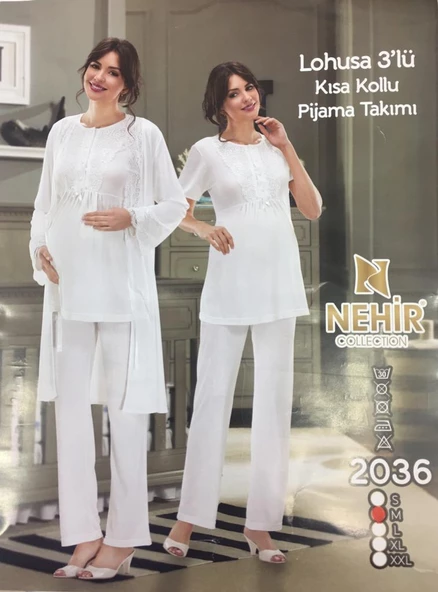 NEHİR 2036  Ecru Hamile Lohusa 3Lü Pijama Sabahlık Takım ürün görseli 1