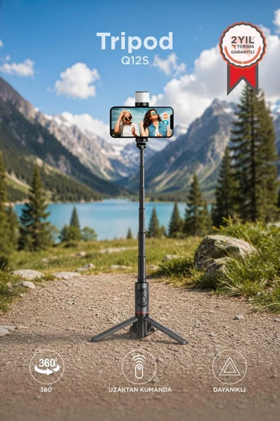 Tripod Çok Amaçlı Led Işıklı Kumandalı Selfie Çubuğu Q12S Siyah ürün görseli 1