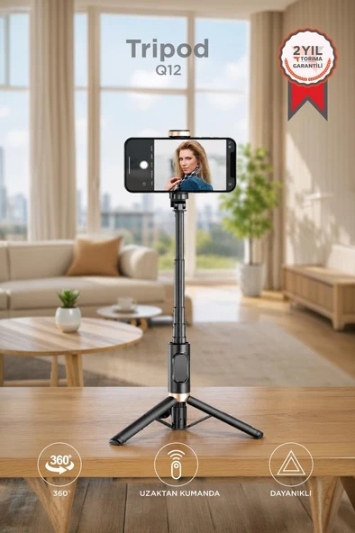 Tripod Çok Amaçlı Kumandalı Selfie Çubuğu Q12 Siyah ürün görseli 1