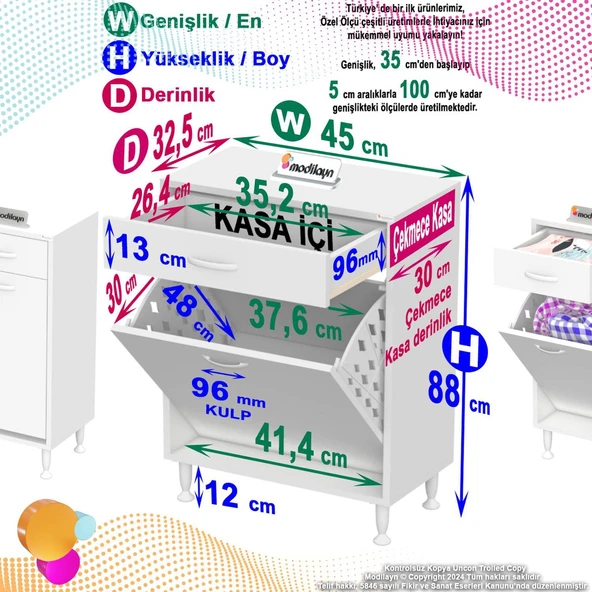 Modilayn EMİR 45x88x32,5 cm 1 Göz Sepetli kirli çamaşır çok foksiyonlu düzenleyici dolap ürün görseli 1
