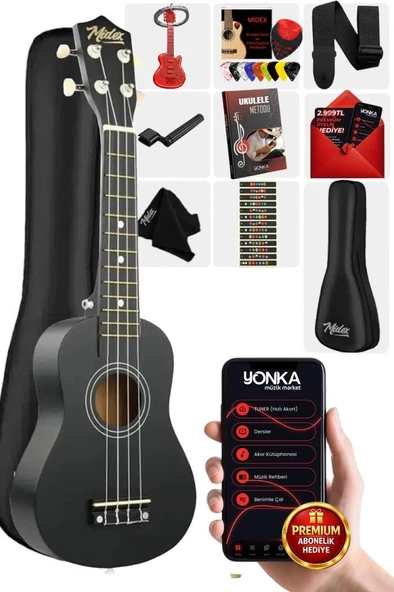 Midex UKX-233BK Siyah Concert Ukulele (Askı Çanta Metod Pena) ürün görseli 1