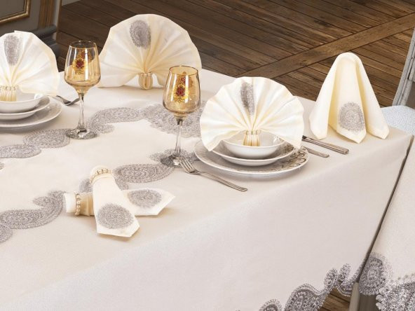Verna Masa Örtüsü 160x260 Cm 26 Parça Krem Silver - Resim 3