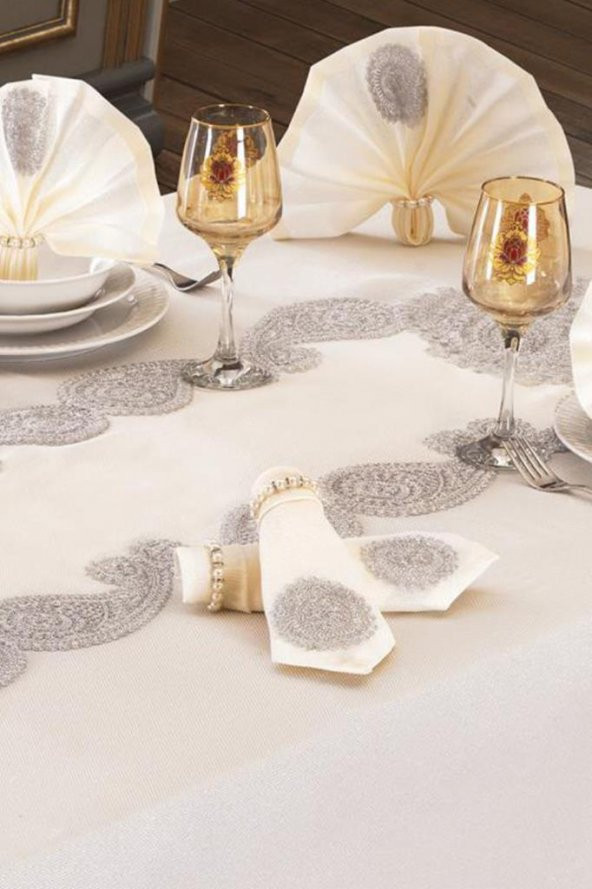 Verna Masa Örtüsü 160x260 Cm 26 Parça Krem Silver - Resim 6