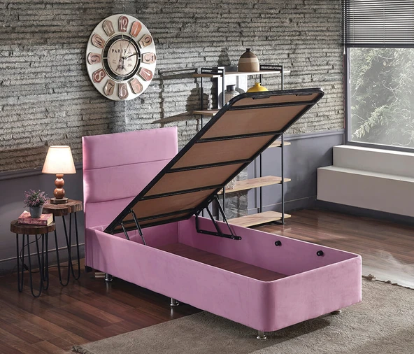 Pinky Baza ve Başlık - 90x190 cm Tek Kişilik Sandıklı Pembe Kumaş Baza ve Başlığı Silinebilir ürün görseli 1