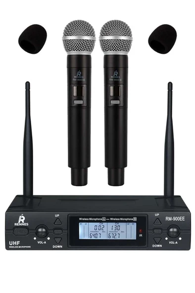 Rennes RM-900EE UHF 2x100 Kanal Çiftli Kablosuz EL Mikrofonu Çift Anten LCD Ekran ürün görseli 1