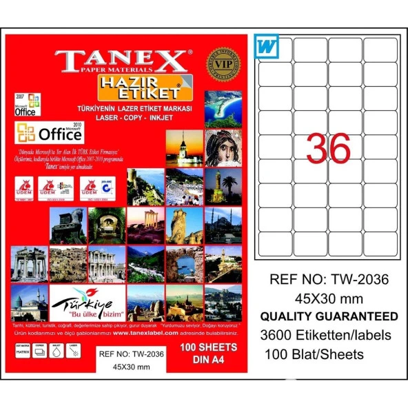 Tanex Lazer Etiket 100 YP 45x30 Laser-Copy-Inkjet TW-2036 ürün görseli 1