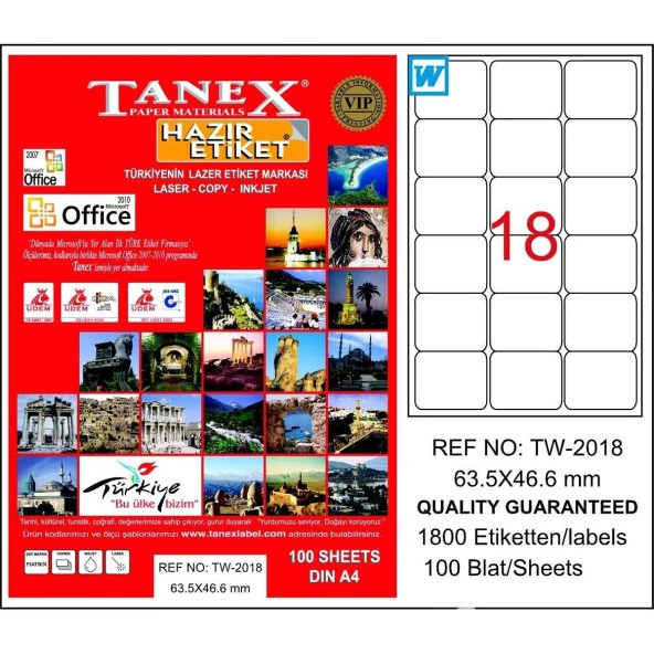 Tanex Lazer Etiket 100 YP 63.5x46.6 Laser-Copy-Inkjet TW-2018 ürün görseli 1
