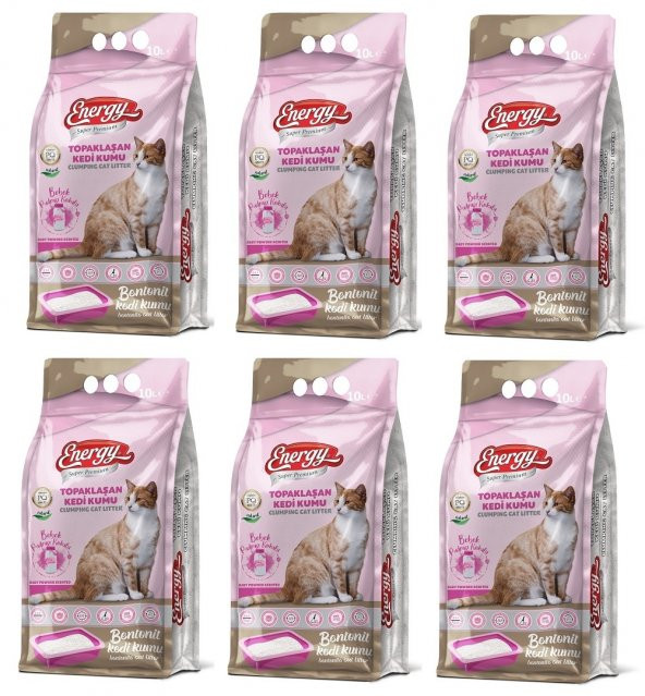 Energy Bentonit Kedi Kumu Bebek Pudrası Kokulu 10 Lt - 6 Paket - Toplam 60 Lt ürün görseli 1