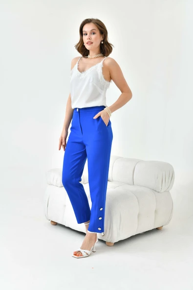 FTZ Women Kadın Dar Paça Düğmeli Pantolon  Saks Mavi 30779 ürün görseli 1