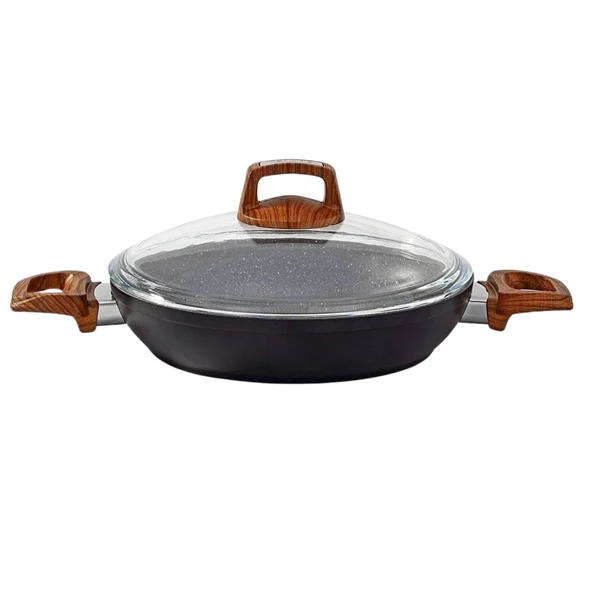 Bonera 22 Cm Ahşap Desenli Bakalit Kulplu Cam Kapaklı Vogue Granit Omlet Tava Grnt 1052 ürün görseli 1