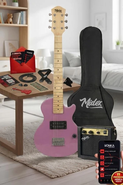 Midex CEG-34PK 5-8 Yaş Çocuklar İçin Amfili Full 1/2 34 İnç Elektro Gitar Seti Pembe ürün görseli 1