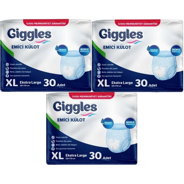 Giggles Yetişkin Bezi Emici Külot Ekstra Büyük (XL) 90 Adet (3PK*30) ürün görseli 1