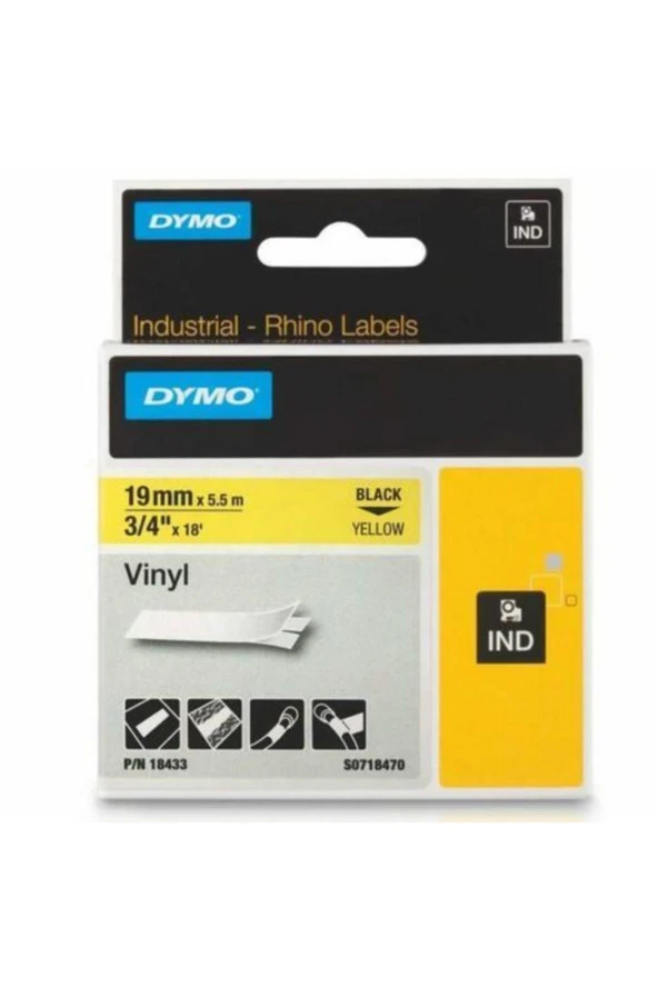 Dymo Rhino Pro Etiketi Renkli Vinil 19 MMx5,5 MT Sarı Üzerine Siyah 18433 ürün görseli 1