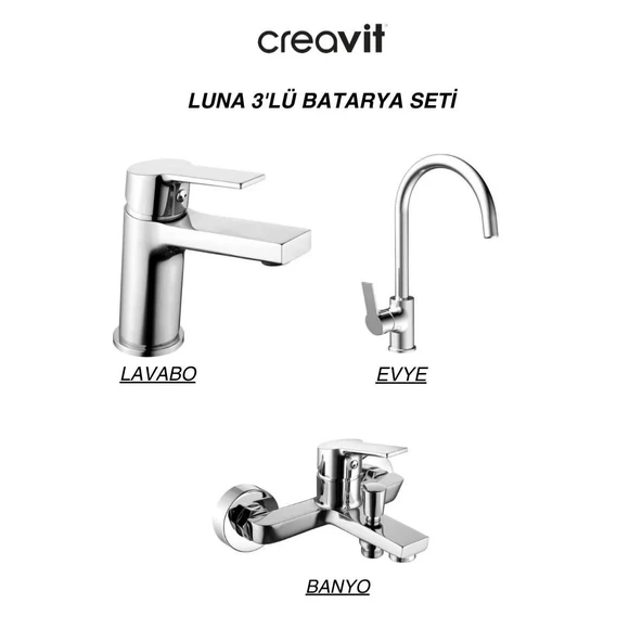 Creavit Luna Krom Lavabo-Banyo-Eviye Bataryası 3'Lü Set LN1500-LN2500-LN8500 ürün görseli 1