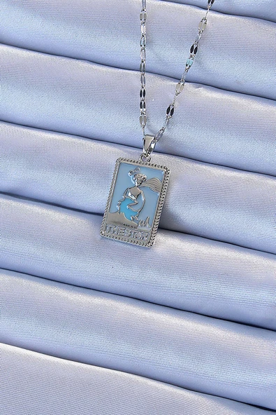 316L Çelik Zincir Gümüş Renk Mavi Mineli Tarot Kolye TJ-BKO9210 ürün görseli 1