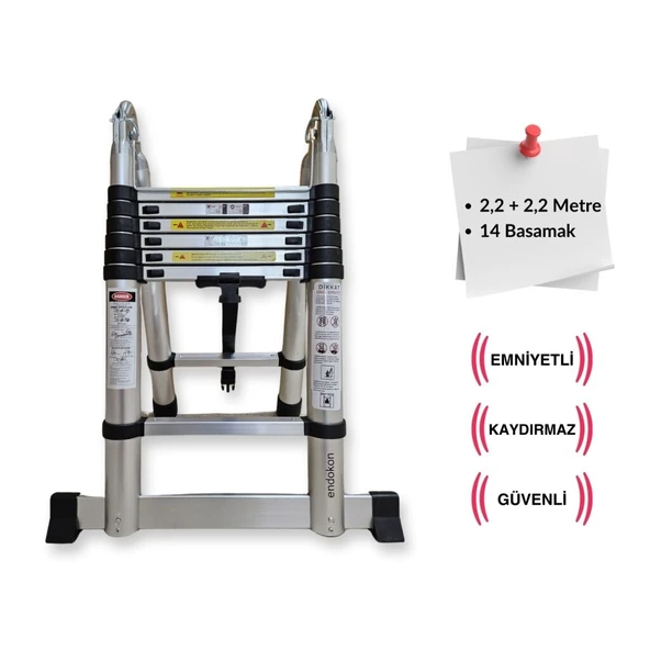 Endokon 220 + 220 cm. - 7+7 Basamaklı Teleskopik Merdiven - A Tipi Uzayan Merdiven ürün görseli 1