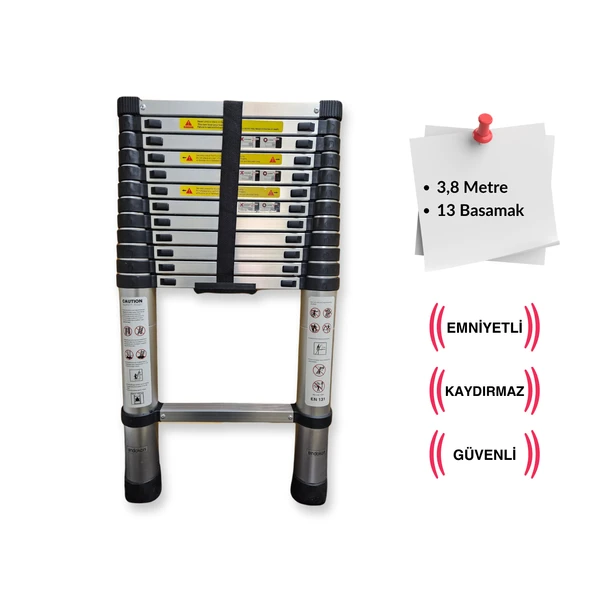 Endokon 13 basamak - 380 cm. Teleskopik Alüminyum Merdiven - I Tipi Uzayan Merdiven ürün görseli 1