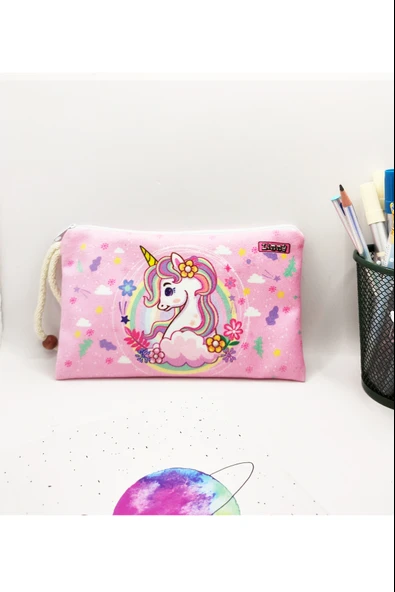 Bahar Unicorn Çiçekli Desenli Kalem Kutusu Yıkanabilir Bez Kalemlik ürün görseli 1