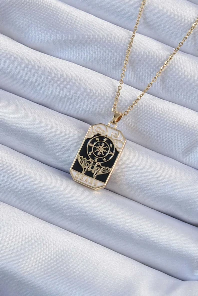 Altın Renk İşlemeli Siyah Mineli Tarot Kolye - EBJ240920W28220 ürün görseli 1
