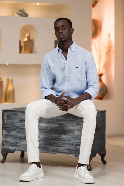 Dorss Slimfit %100 Linen (Ham Keten) Uzun Kol Yaka Düğmeli Yazlık Gömlek ürün görseli 1