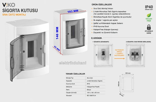 VİKO 2li Sıva Üstü Otomat Sigorta Kutusu - Klemensli IP40 Halogen Free S. Ü. ürün görseli 1