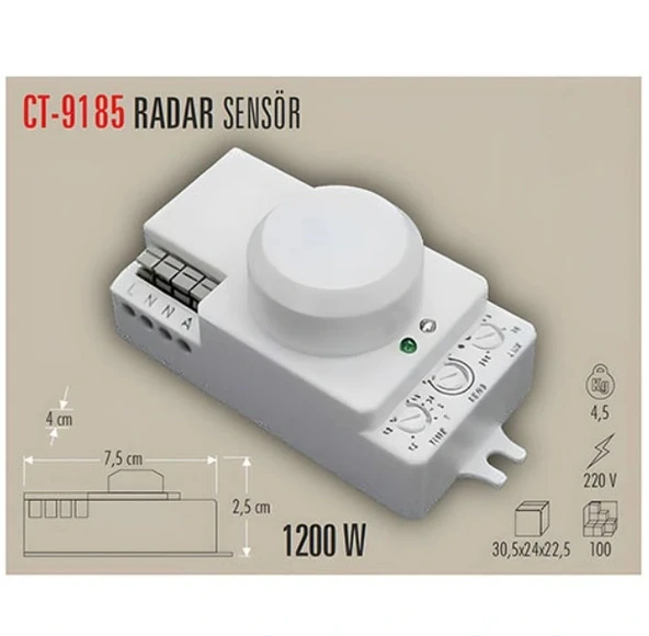 CATA Radar Hareket Sensörü 1200w (RF Sensör Tipi) Açı 360 Derece Işık Süre ve Mesafe Ayarlı Sensör ürün görseli 1