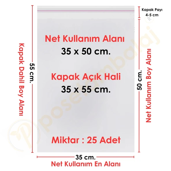 35 cm x 50 cm. + 5 cm. Şeffaf Bantlı Jelatin - Yapışkanlı Poşet 25 Adet ürün görseli 1