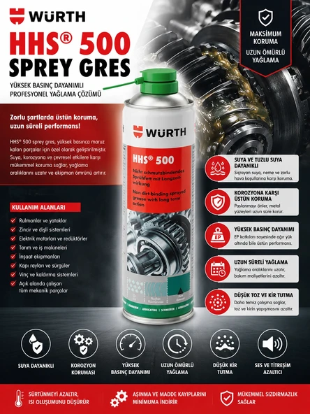 WÜRTH HHS Sprey Sıvı Gres Dişli Yağlama HHS 500ml LUBE (Suya ve Toza Dayanıklı) ürün görseli 1