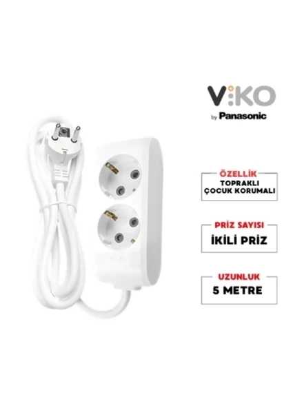 VİKO Multilet İkili 5mt Kablolu BEYAZ Grup Priz 2li 5 Metre Ara Kablo Topraklı Klemensli ürün görseli 1