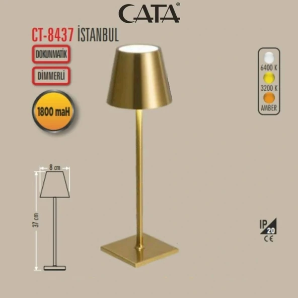 CATA İstanbul Şarjlı Masa Lambası Dokunmatik ALTIN - GOLD 3 Renk Işık Beyaz-Günışığı-Amber ürün görseli 1