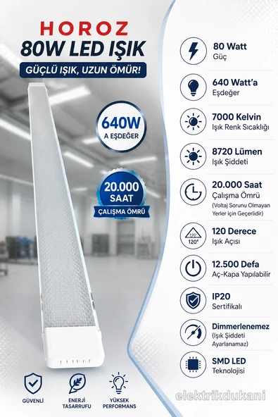 HOROZ Gama-80 BEYAZ 120cm 80W Prizma Led Bant Armatür 7000K Beyaz Işık IP20 ürün görseli 1