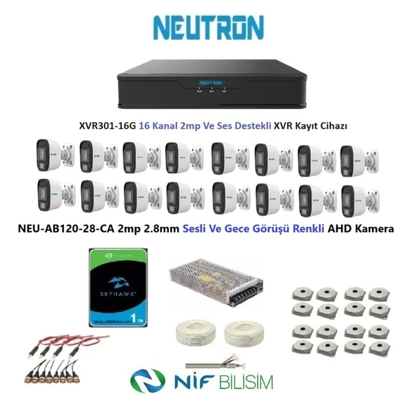 Neutron 2mp 16 kameralı Gece Renkli Sesli Dış ortam AHD Full Kamera Seti 1TB Disk NEU-AB120-28-CA ürün görseli 1