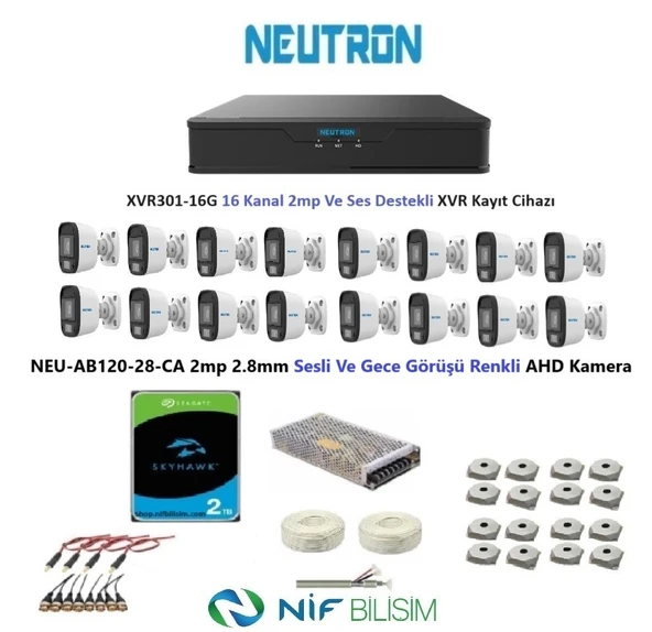 Neutron 2mp 16 kameralı Gece Renkli Sesli Dış ortam AHD Full Kamera Seti 2TB Disk NEU-AB120-28-CA ürün görseli 1