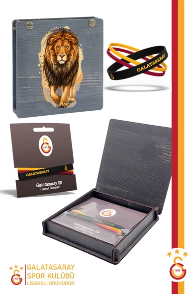 Galatasaray Orijinal Lisanslı 3'lü Silikon Bileklik Aslan Baskılı Hediyelik Ahşap Kutulu ürün görseli 1