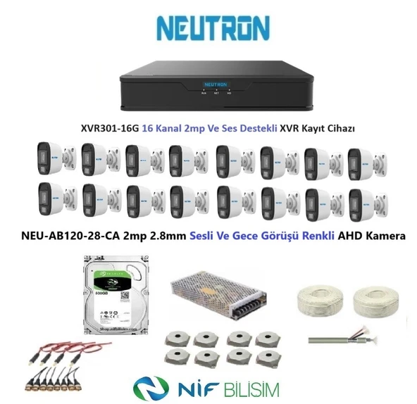 Neutron 2mp 16 kameralı Gece Renkli Sesli Dış ortam AHD Full Kamera Seti 500GB Disk NEU-AB120-28-CA ürün görseli 1