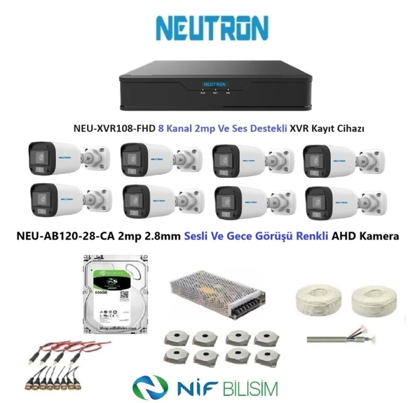 Neutron 2mp 8 kameralı Gece Renkli Sesli Dış ortam AHD Full Kamera Seti 500GB Disk NEU-AB120-28-CA ürün görseli 1