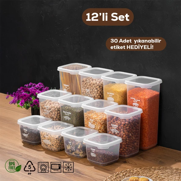 Porsima 1175 12'li Etiketli Renkli Kapaklı Gıda Kavanoz Saklama Kabı Seti Erzak Kabı Organizer Şeffaf Kapak ürün görseli 1