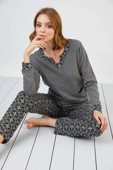 Sevim 13174 Kadın V Yaka Cepli Jakar Pijama Takım ürün görseli 1