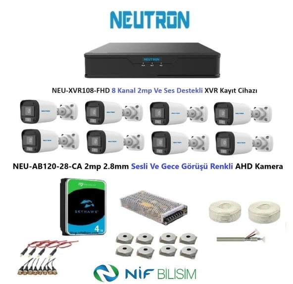 Neutron 2mp 8 kameralı Gece Renkli Sesli Dış ortam AHD Full Kamera Seti 4TB Disk NEU-AB120-28-CA ürün görseli 1