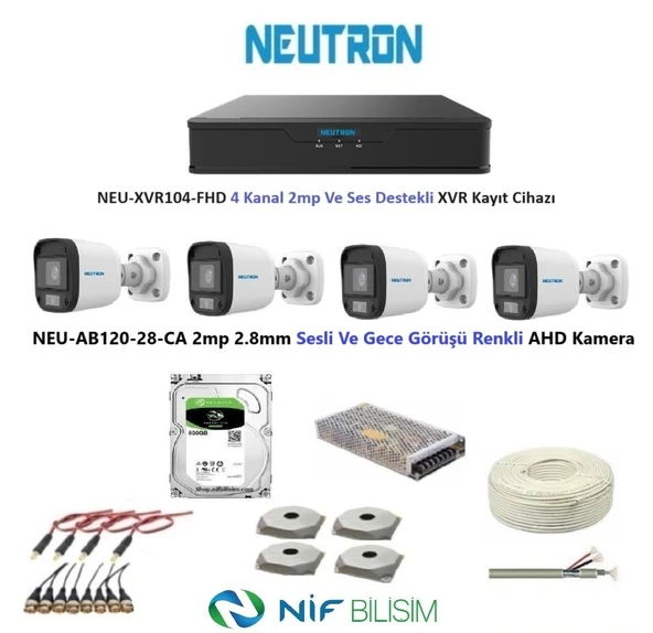 Neutron 2mp 4 kameralı Gece Renkli Sesli Dış ortam AHD Full Kamera Seti 500GB Disk NEU-AB120-28-CA ürün görseli 1