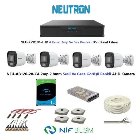 Neutron 2mp 4 kameralı Gece Renkli Sesli Dış ortam AHD Full Kamera Seti 1TB Disk NEU-AB120-28-CA ürün görseli 1