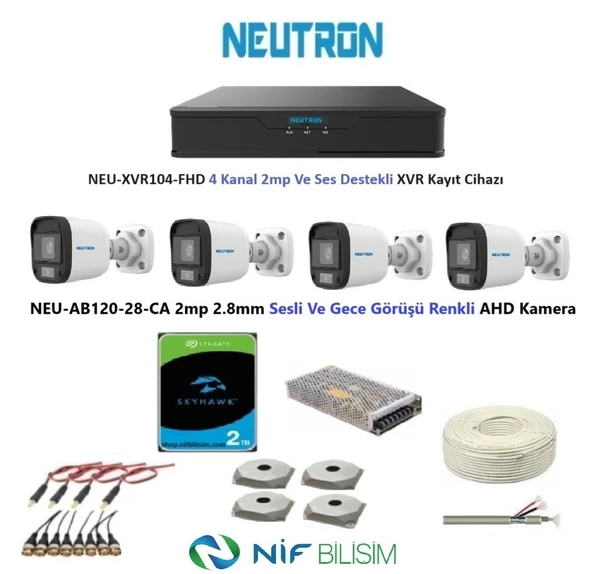 Neutron 2mp 4 kameralı Gece Renkli Sesli Dış ortam AHD Full Kamera Seti 2TB Disk NEU-AB120-28-CA ürün görseli 1