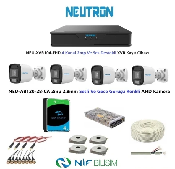 Neutron 2mp 4 kameralı Gece Renkli Sesli Dış ortam AHD Full Kamera Seti 4TB Disk NEU-AB120-28-CA ürün görseli 1