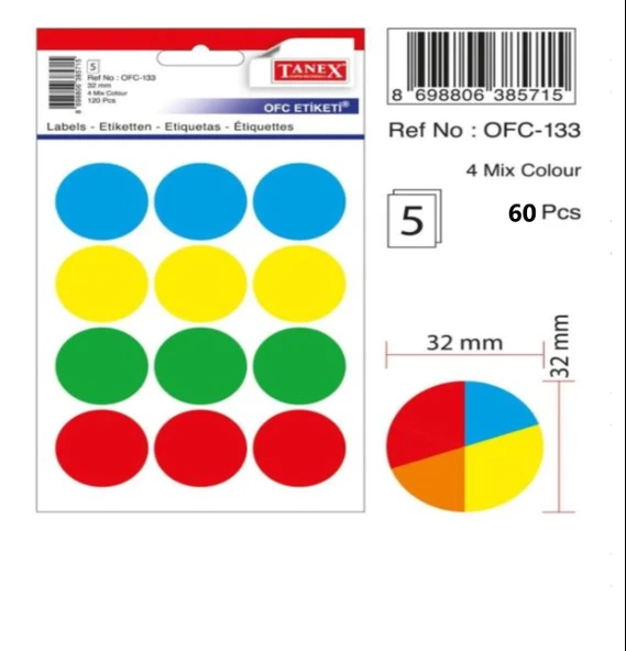 Tanex Mıx Color Ofis İşaretleme Nokta Etiketi 32mm 4-Renk 5.yaprak (60 Etiket) ürün görseli 1